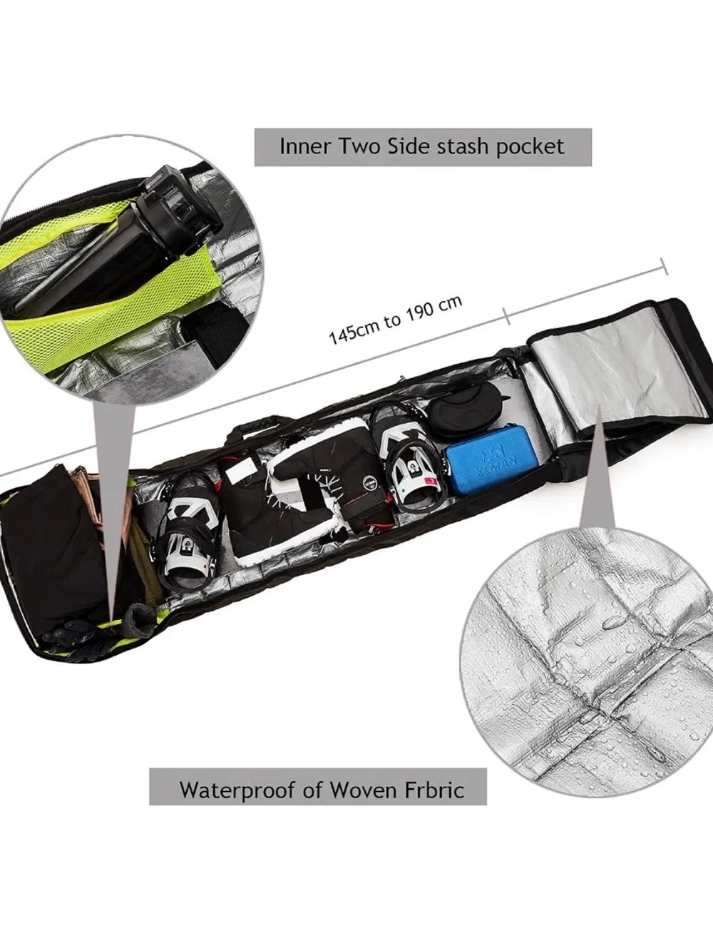 Black Padded Ski and snowboard Travel Bag with Reflective Lining